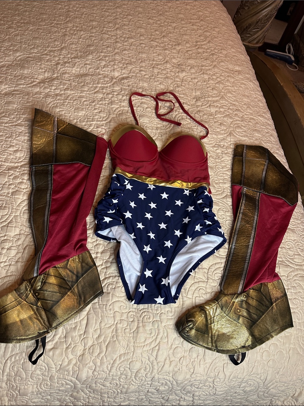 Women's Wonder Hero One-Piece Swimsuit in Red, Blue & Gold